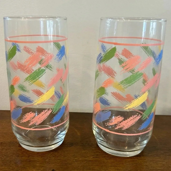 Vintage Set of 2 Libbey Pastel Brushstroke Pattern 16 oz Glasses 1980s In EUC - Picture 1 of 5